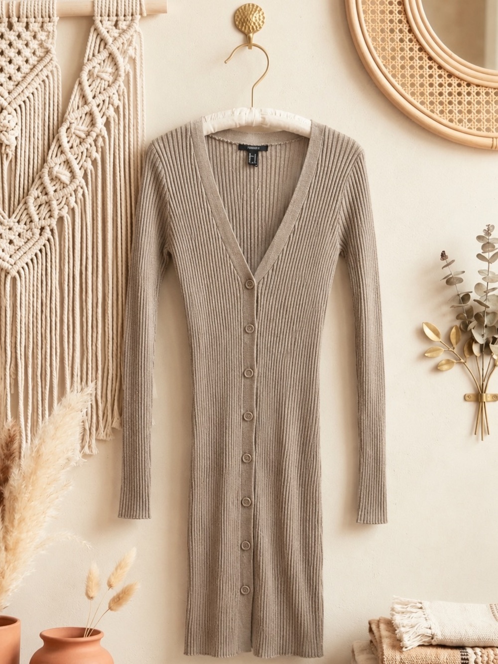 NWT Forever 21 Slim Ribbed Button-Front Long Sleeve Cardigan/Dress — Taupe